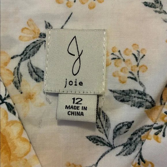 Joie Ruffled Dress Puff Sleeve Cotton Yellow Floral Belted with Pockets 12 - Picture 6 of 7